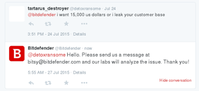 一条推特消息表面了DetoxRansome的敲诈企图。